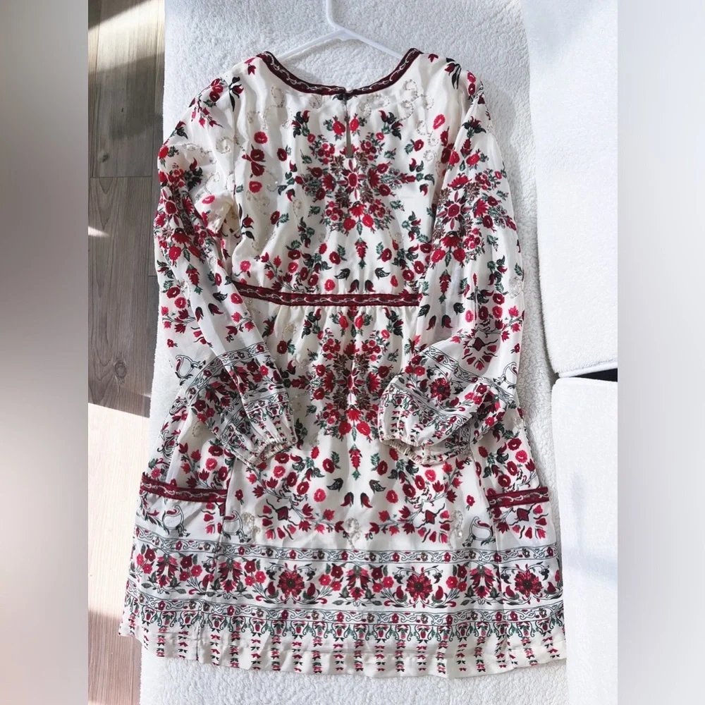 Free People Red Floral Embroidered Long Sleeve Dress - Size 8 - Picture 6 of 11